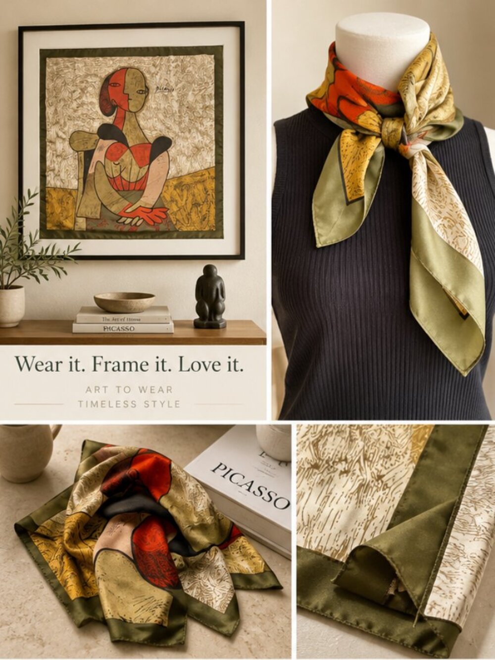 Picasso Cubist Portrait Square Scarf Olive Red Gold Art to Wear 33"